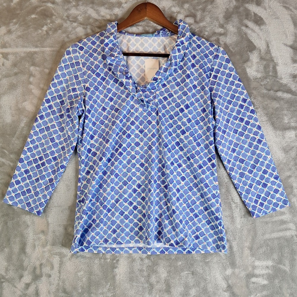 NWT J McLaughlin Durham Top M Royal Blue Coral Lattice Geo Catalina Cloth Ruffle